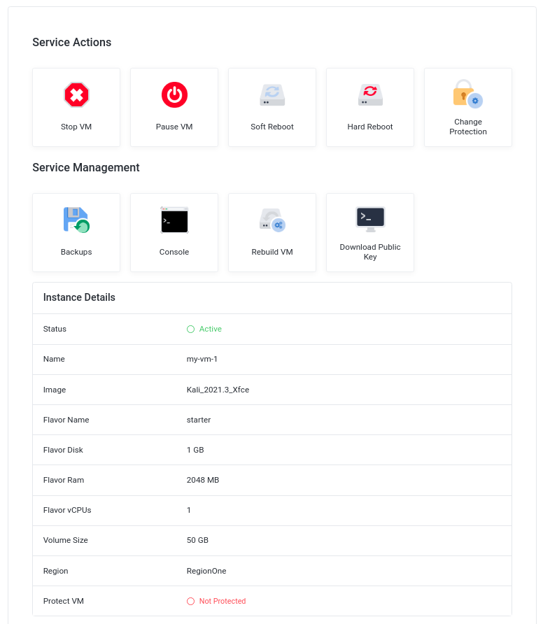 VPS detail and service actions