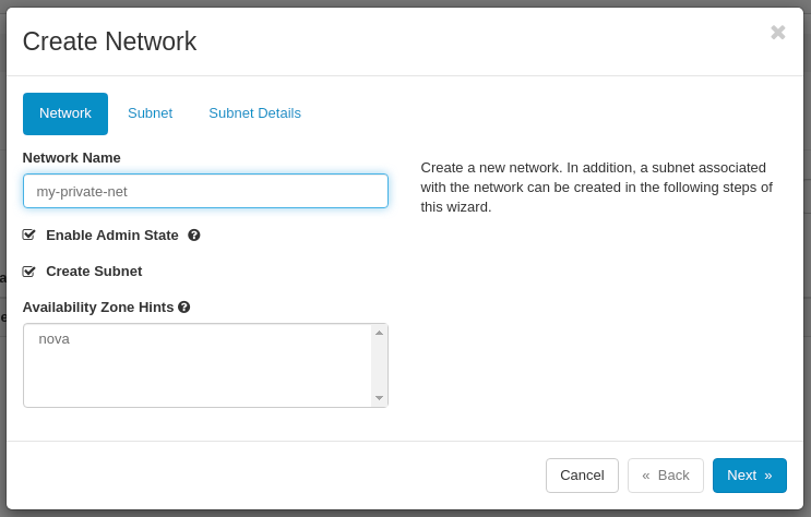 CinderCloud OpenStack create private network