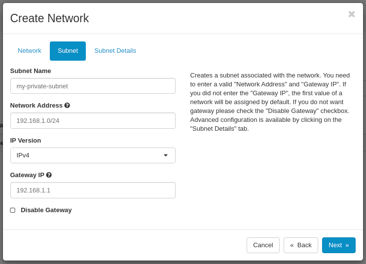 CinderCloud OpenStack create subnet