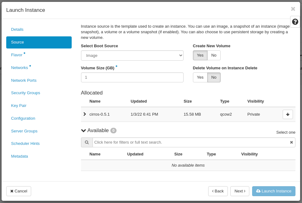 CinderCloud.com OpenStack choose Instance source