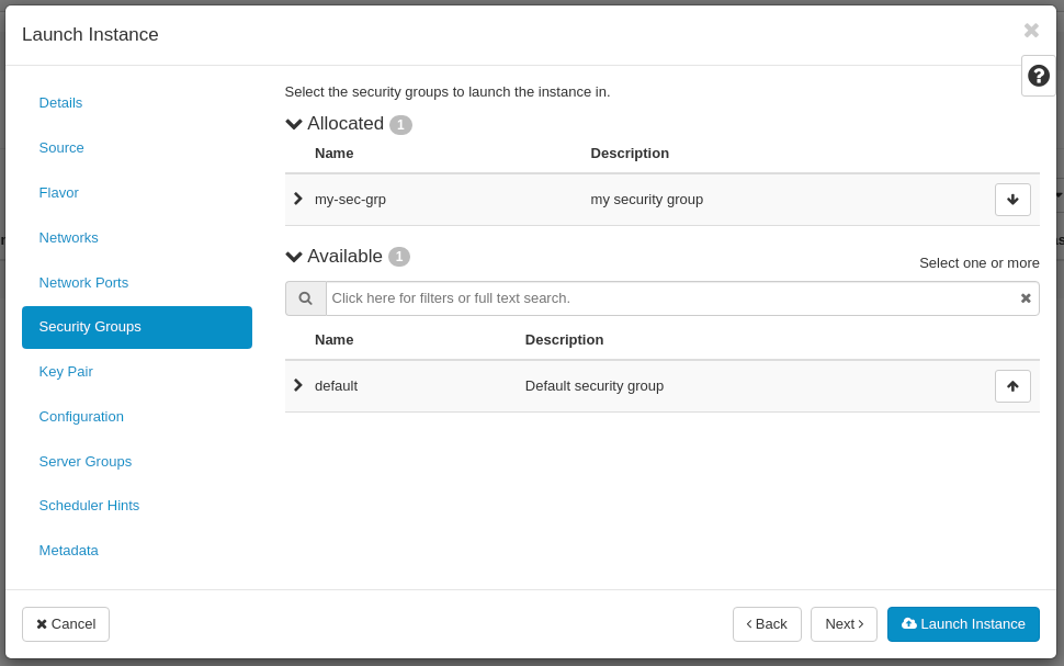 CinderCloud.com OpenStack assign security group